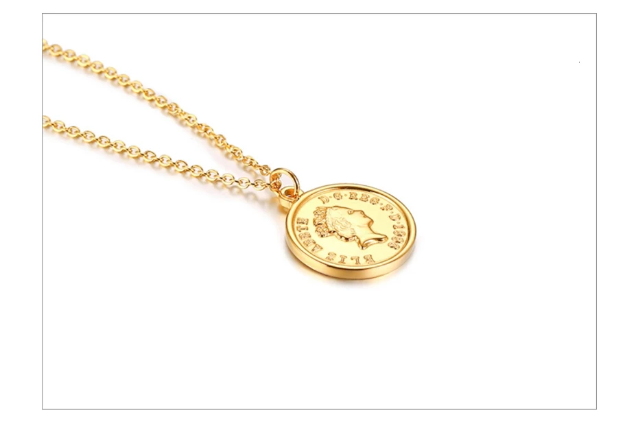 Vnox British Queen Elizabeth Coin Necklaces for Women Gold Tone Stainless Steel Adjustable Length Chic Necklace Dropship