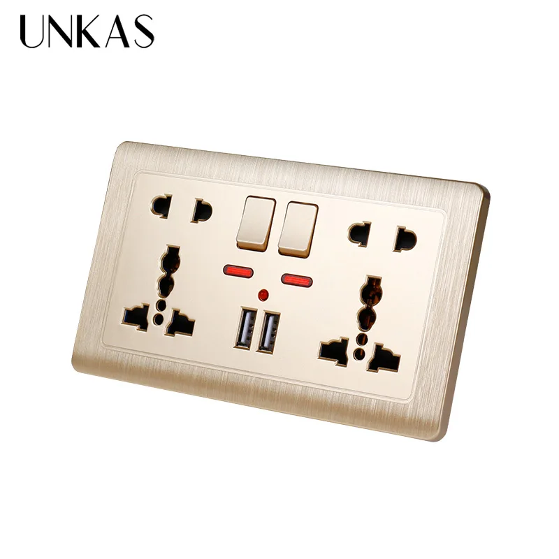 UNKAS золото настенные Мощность розетка двойная Универсальный 5 отверстий