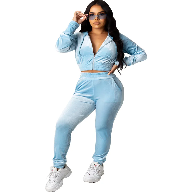 

Velvet Tracksuit Women Two Piece Set Spring Autumn Clothes Hooded Zipper Crop Top and Pants Sweat Suits Female Velour Outfits