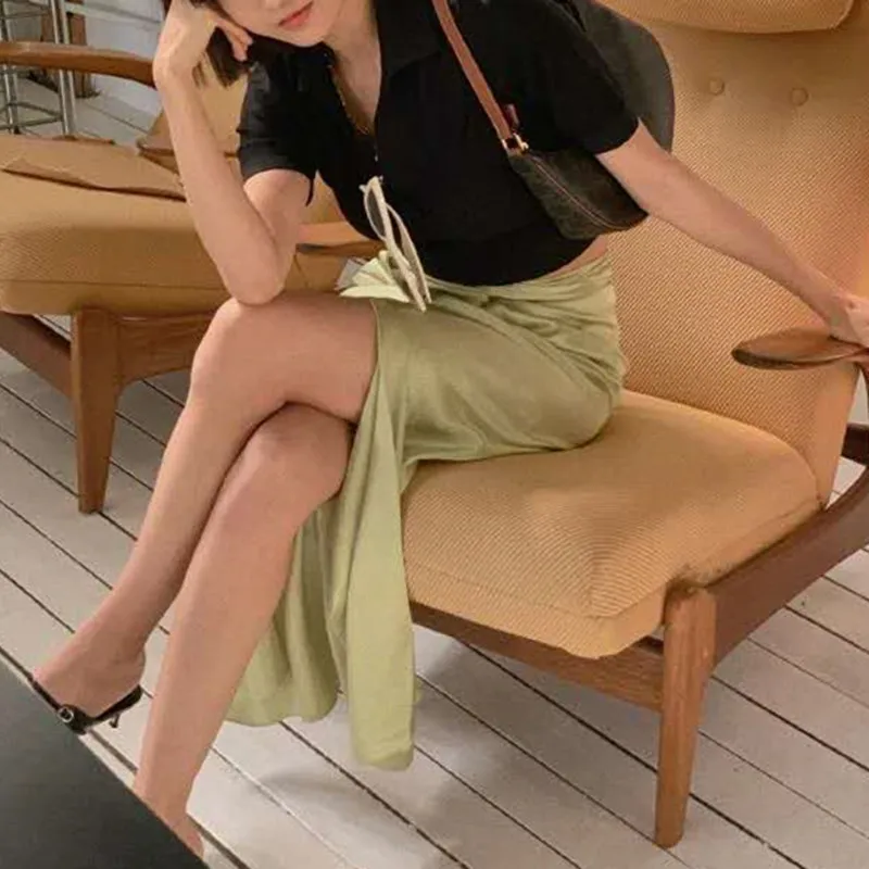 

Light Green Women High Split Midi Dress Waist knotted Slim Sexy Long Dresses Clothing OL Office for Summer 2020 New