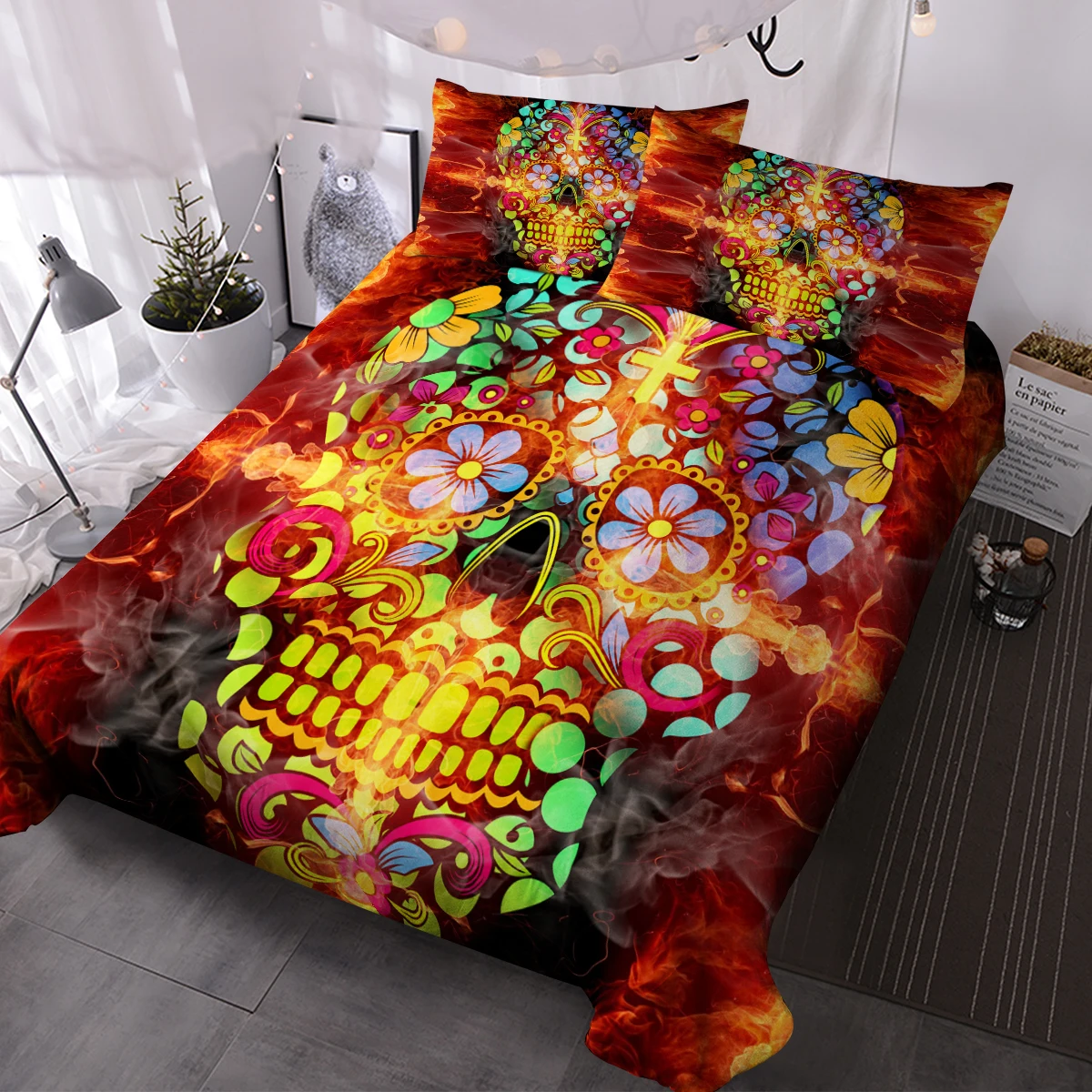 

Flame Skull Bedding Set 3pcs Duvet Cover Pillowcase 3D Customization Couple Bed Set Size Queen King Size Bedding Set