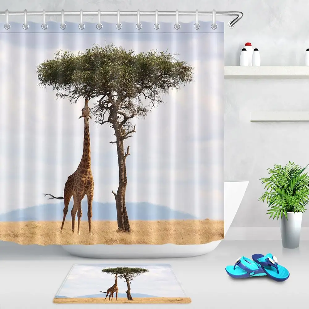 Занавеска для душа с африканскими жирафами тканевая Штора ванной комнаты