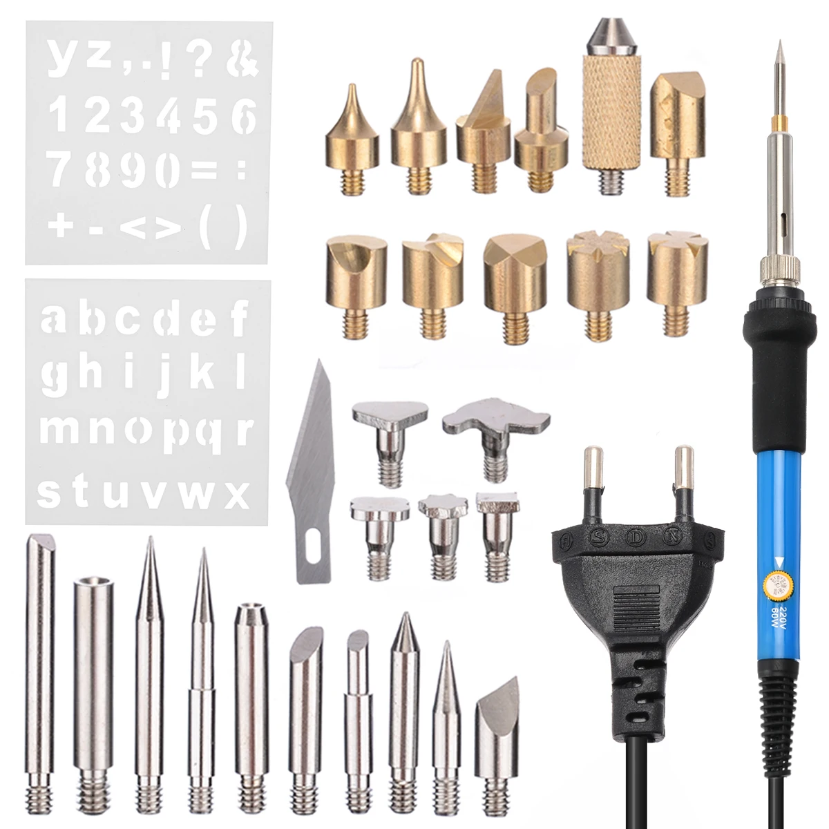 

28pcs/set 60W Adjustable Temperature Wood Burning Pen Soldering Tool Craft Tool Set Pyrography Kit Tips EU Plug