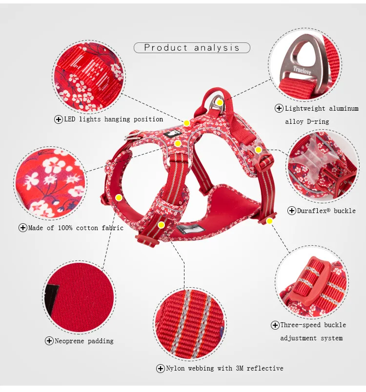 

Truelove Pet Harness Floral No Pull Cotton Fabric Breathable and Reflective Soft Cats Dogs Small Medium Walking Running TLH5655