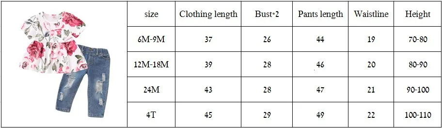 Girls Denim Suit Hot New Floral Long-sleeved Girls Clothes Waist Shirt Hole Cow Children Flower Print Set
