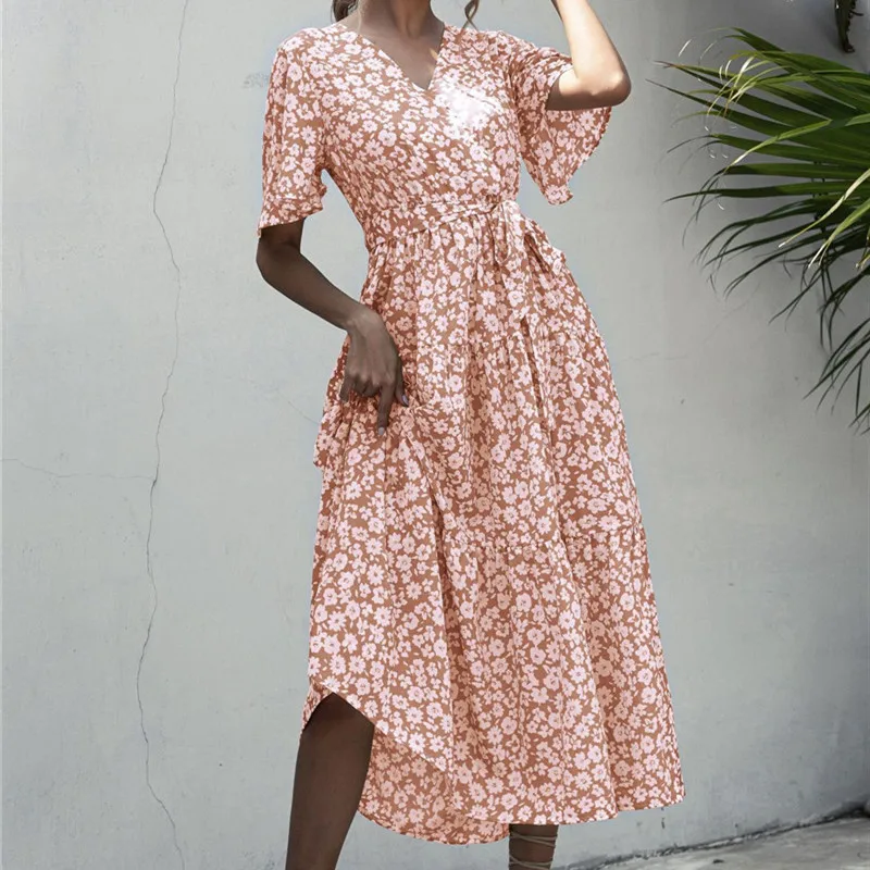 

Fashion Elegant Print Women Maxi Dress 2020 Summer V-neck Sashes Slim Dresses for Ladies