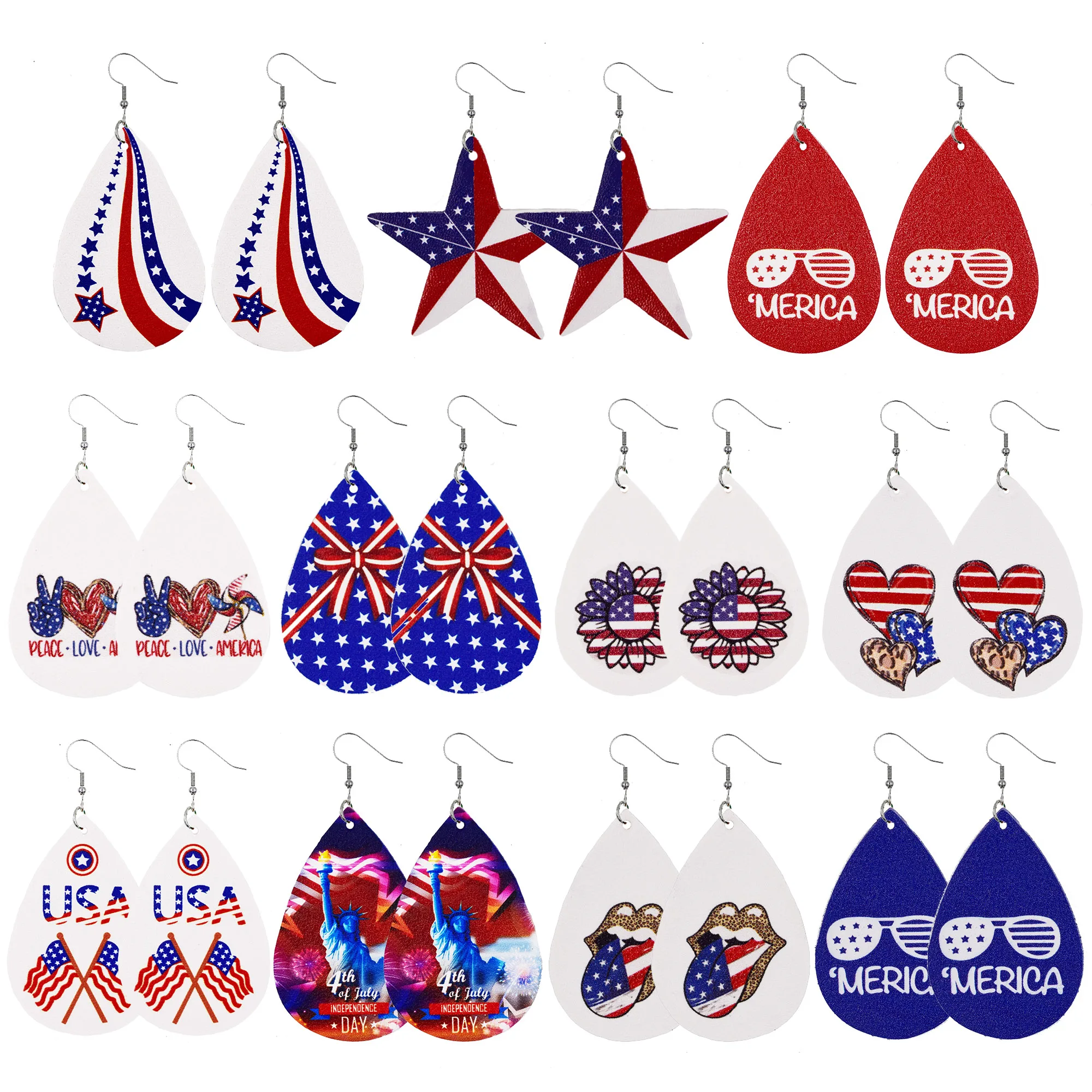 

Teardrop Multilayer American Flag Leather Earrings Stripe Print Five-Pointed Star Statement Earrings Independence Day Jewelry