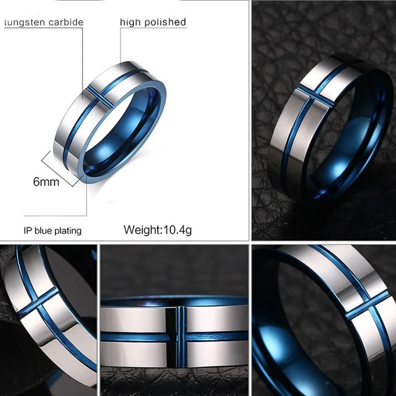 6MM Tungsten Carbide Ring for Men Blue Cross Line Groove Wedding Band High Polished Size 7-12