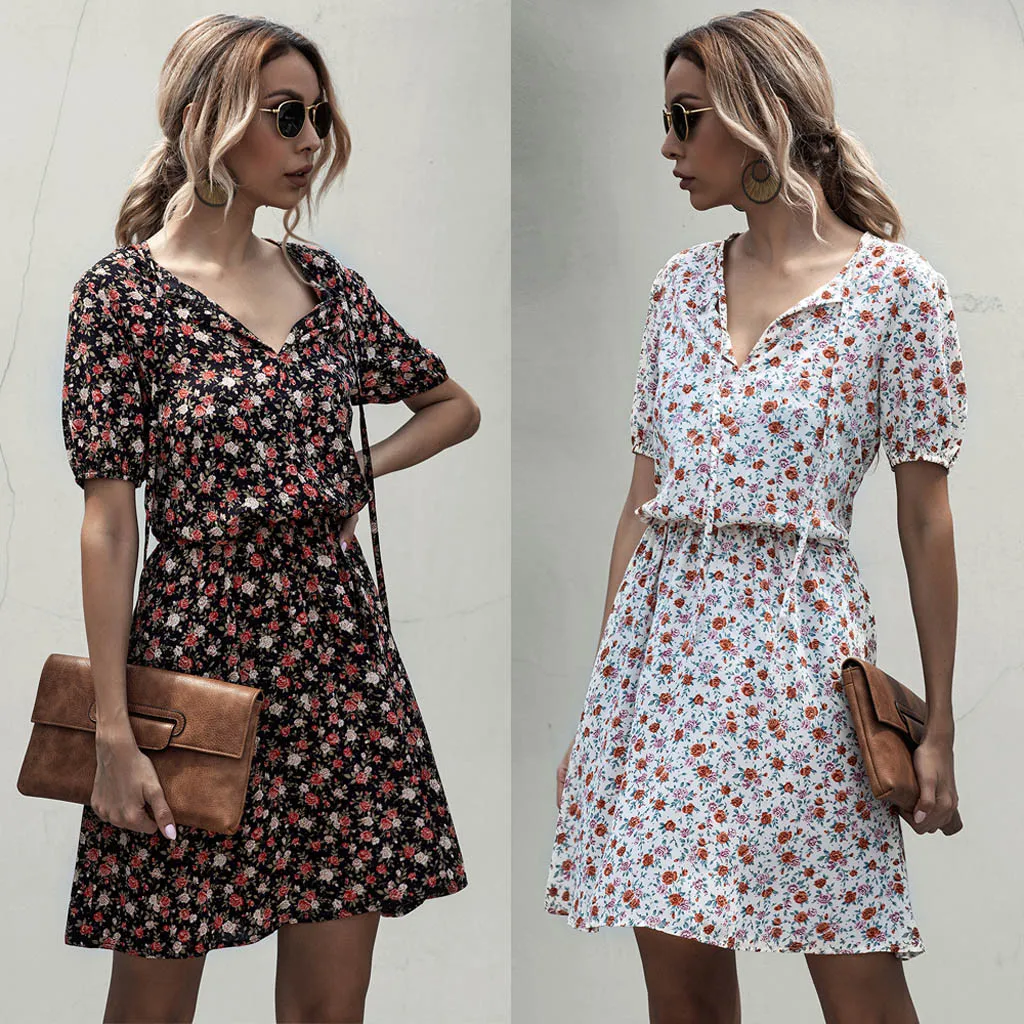 Женское летнее платье в горошек с коротким рукавом и V образным вырезом|Женские