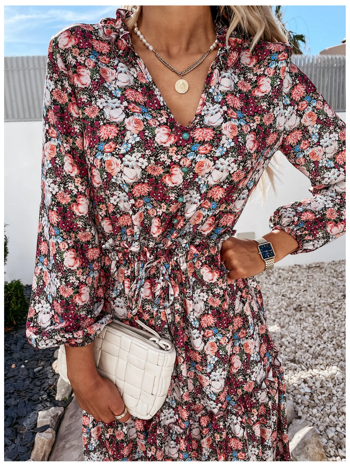 

2021 Summer Women Dress High Waist Ruffle Ladies Dresses Sexy Floral Printed V-Neck Elegant Female Beach Party Dress