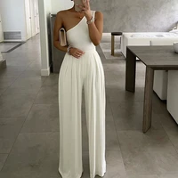 2021 summer women casual looes onepiece comfortable white trousers one shoulder vest tanks ruched plain wide leg pants jumpsuits