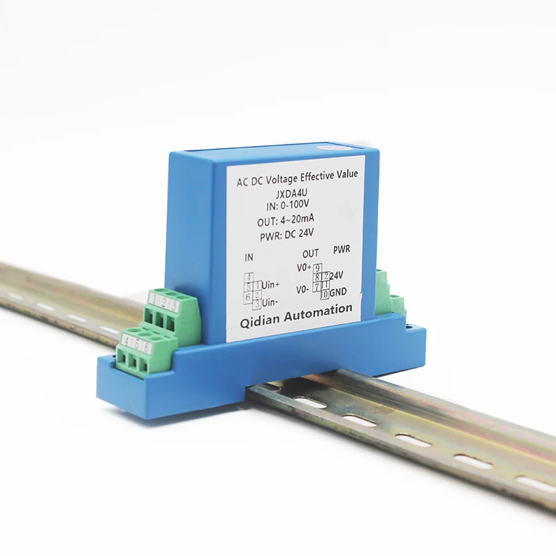 QD factory DC Voltage Transmitter 5V/10V/50V/100V/200V/500V/1000V Transducer input 4-20mA 0-10V output DC24V power supply |