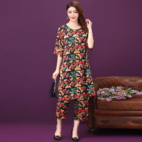 Женское шелковое платье из двух частей классическое с круглым вырезом и широкими штанинами в литературном