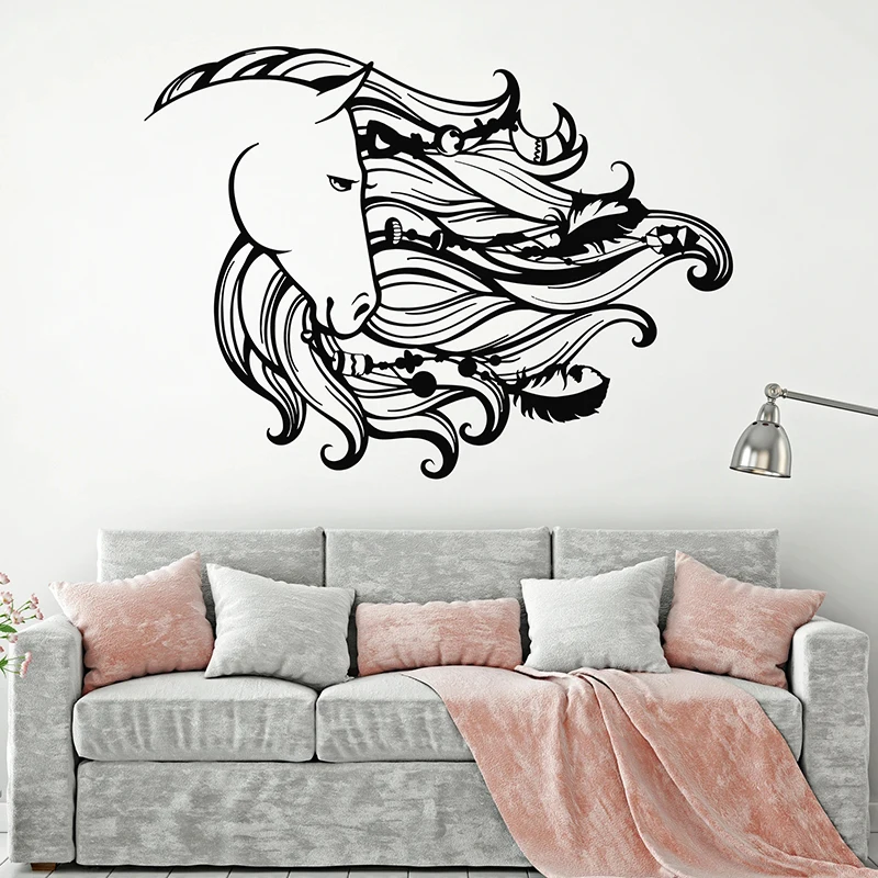 Настенная Наклейка в виде Ловца снов лошади гривы головы животных перья спальня