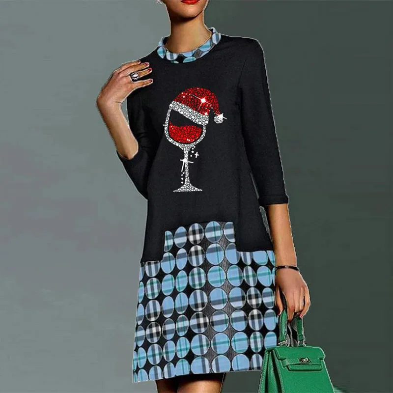 

Женское мини-платье с круглым вырезом, длинным рукавом и принтом