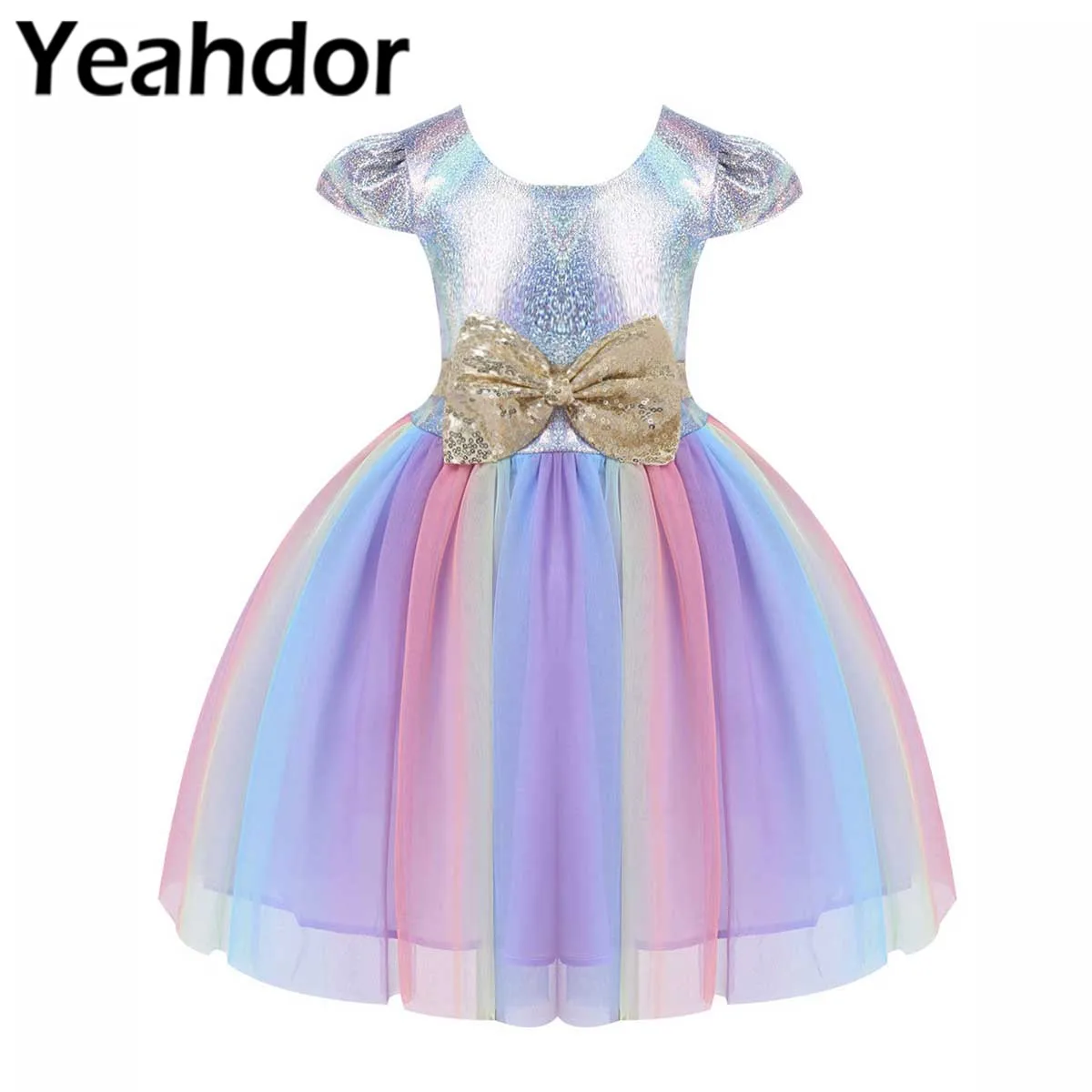 

Flower Dresses for Girls Sequins Bowknot Glittering Gradient Color Tutu Rainbow Dress Children Party Princess Eucharist Dress
