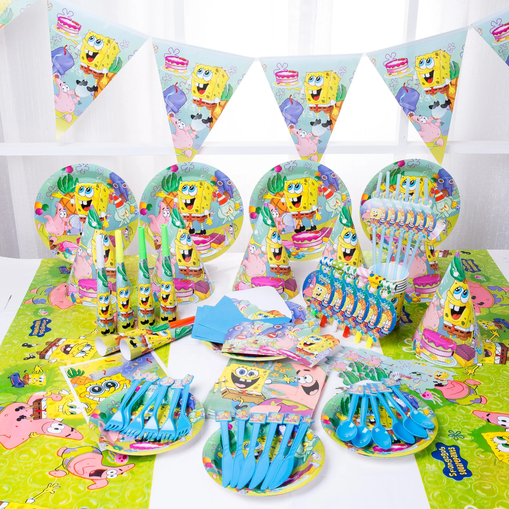 

Sponge theme baby birthday party supplies paper tray cup birthday hat triangular flag baby shower birthday party decoration