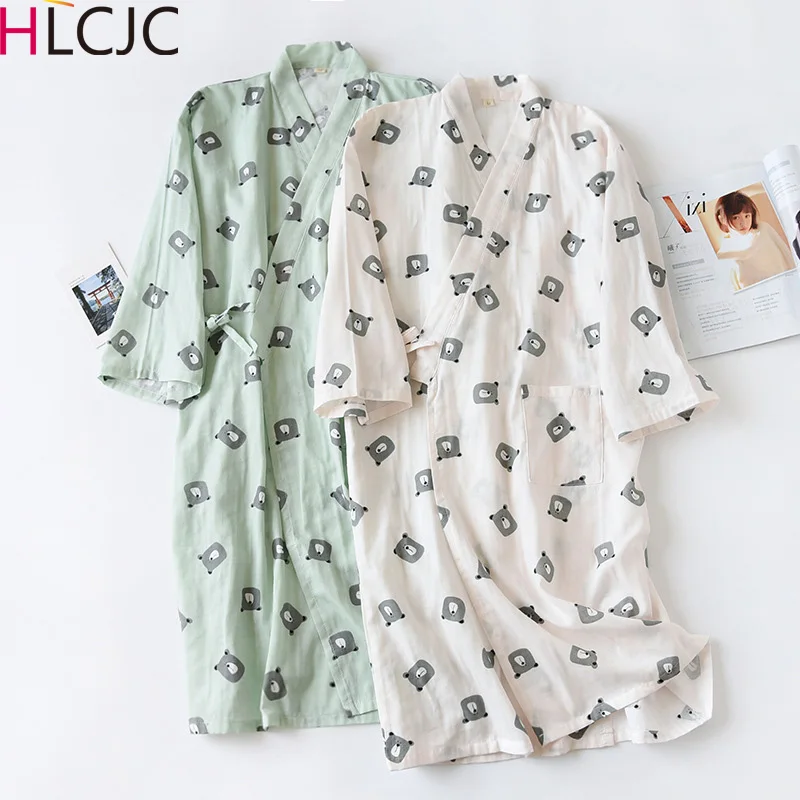 

Couple's Kimono Pajamas Summer New 100% Cotton Gauze Pajamas Nightgown Ladies SPA Homewear Long Pyjamas Femme Cute Bears Robes