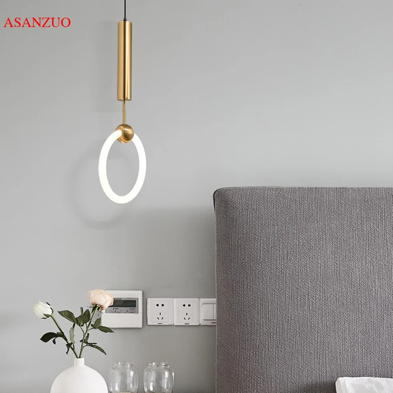 

Simple modern hanging lamps Iron Ring Golden pendant lights restaurants bedroom bedside Glass ring T6 Led pendant lamp