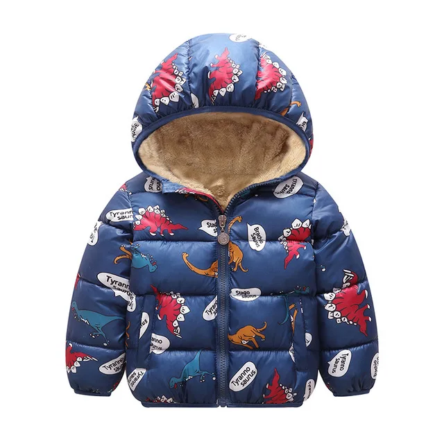 dark blue dinosaur Зимняя верхняя одежда для детей пуховик для мальчиков и девочек новогодние костюмы для мальчиков, теплый жилет для малышей Детское пальто с меховым капюшоном, одежда - Цвет: dark blue dinosaur