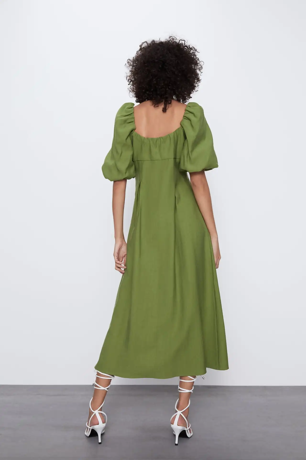 

ZA Green Puffy Sleeves Long Dress For Women Bohemia Polyester Slash Neck Dresses Summer Beach Clothing