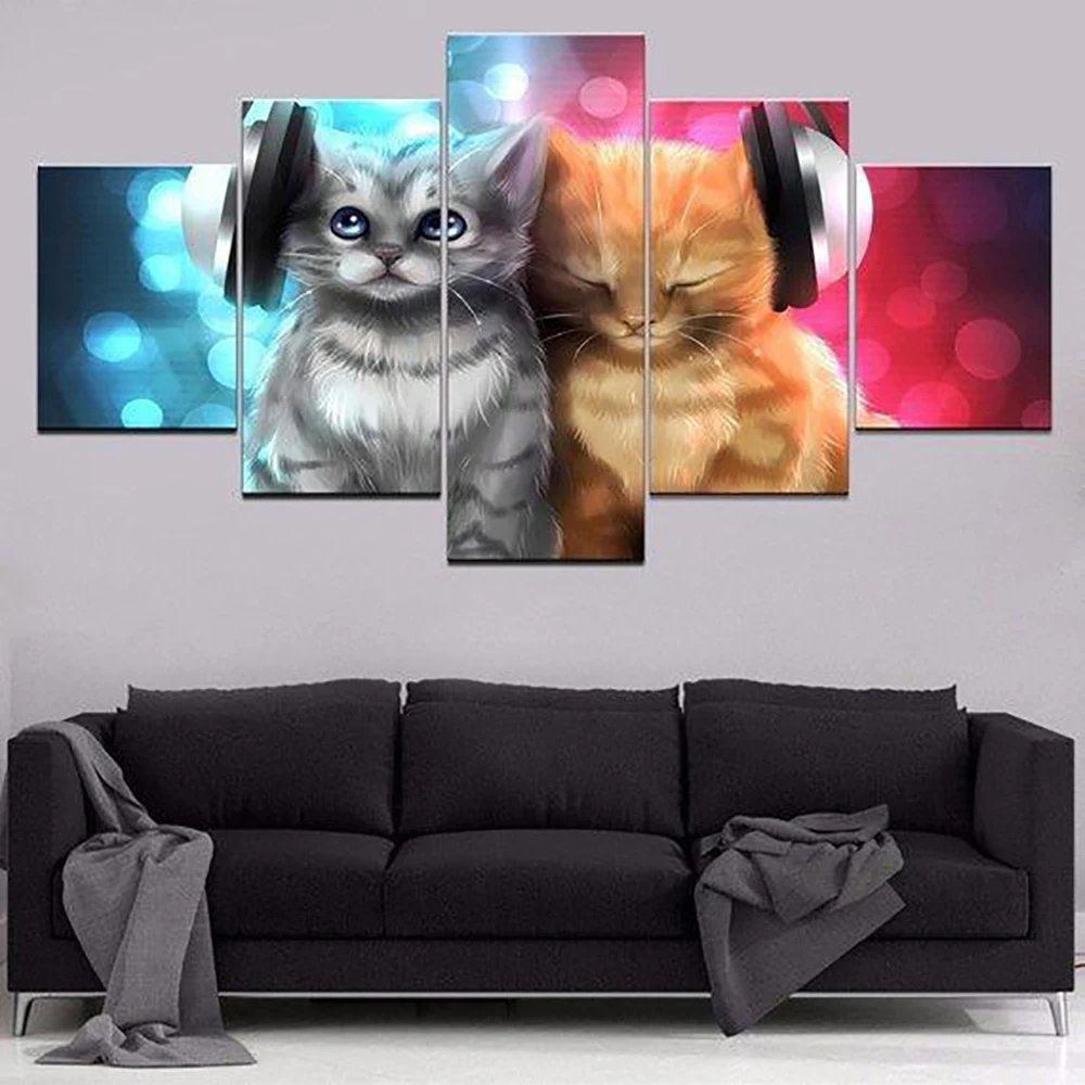 

5 Pieces Wall Art Canvas Painting Animal Poster Two Are Listening Music Cute Cats For Kids Bedroom Home Modern Decoration