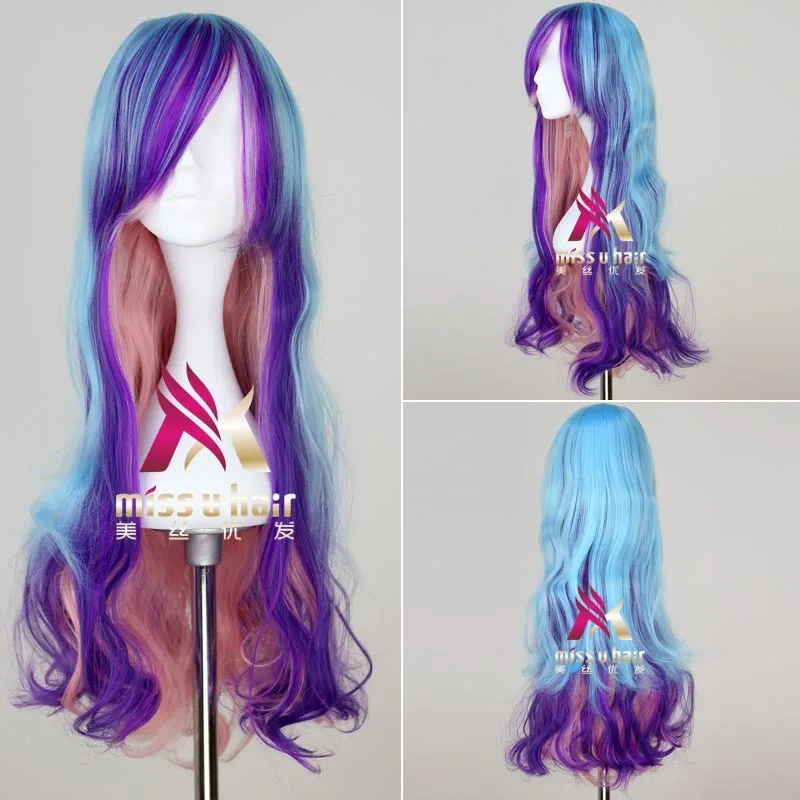 

halloween party Lolita Aurora Mixed Color Long Wavy Celebrity Party Cosplay Full Wig With Bang +Wig Cap Heat Resistant