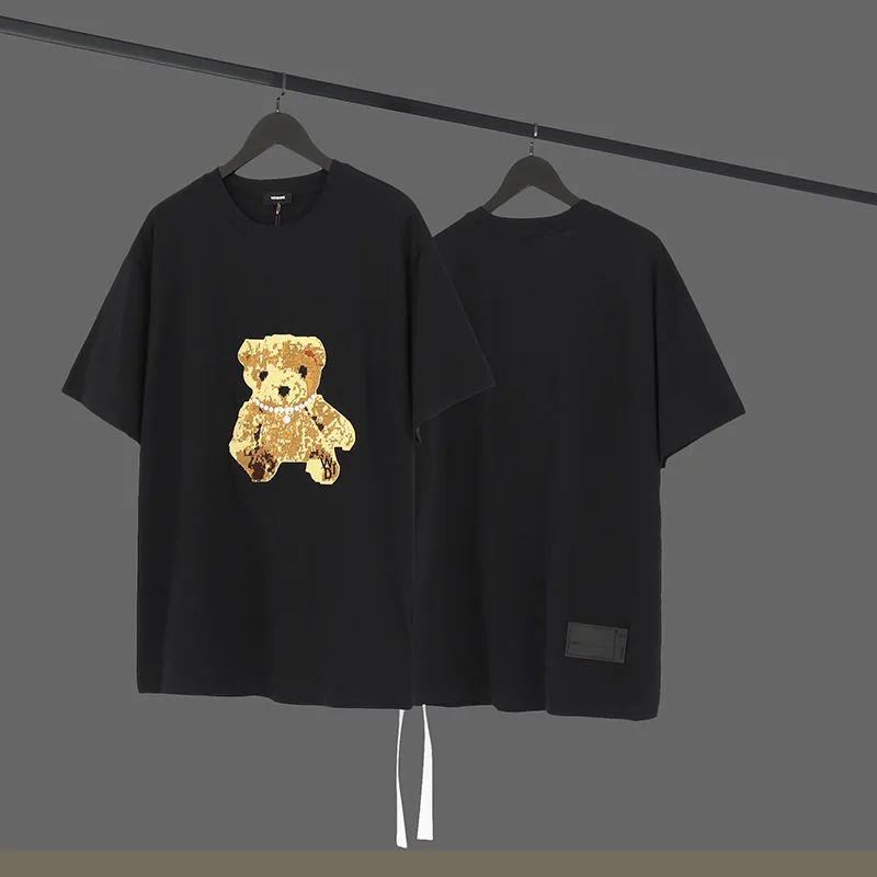 

We11done loose high street simple T-shirt Loose Pearl Necklace bear embroidery Short Sleeve Tee couple