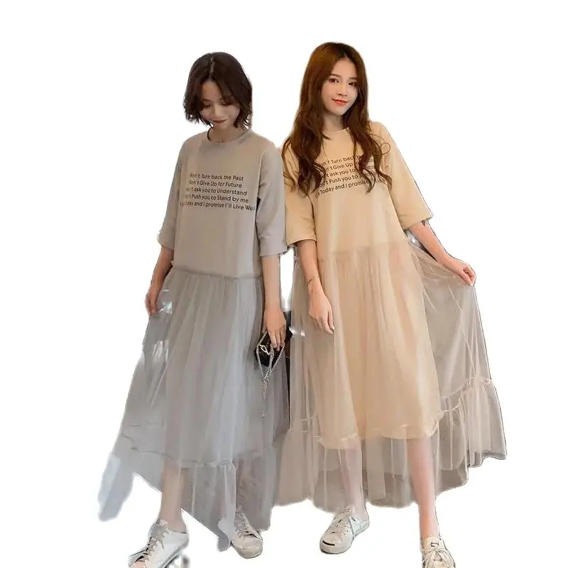 

Fashion Dress Women Summer New Korean Summer Dresses 2022 Fake Two-Piece Stitching T-Shirt Net Yarn Fairy Mid-Length Loose Dress