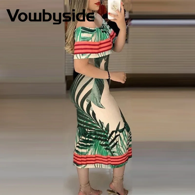 

Tropical Print Off Shoulder Ruffle Trim Bodycon Dress Women Summer Dress