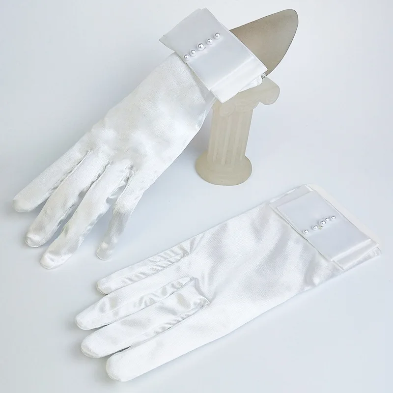 

Wholesale Korean Models Bridal Gloves Short Satin Wide si dai jie Sewing Beads There Refers to Wedding White Gloves S043 Direct