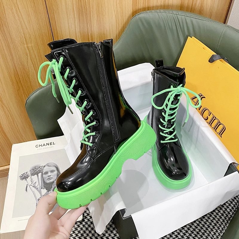 

2021 Women Winter Boots Platform Ankle Boots Motorcycle Boots Leather Lace Up Punk Shoes Black Bright Women Booties Botas Mujer