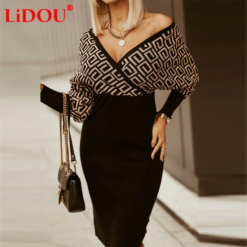 Купи Women Fall Elegant Print Slim High Waist Dress Office Lady Long Sleeve Midi Dress Fashion Plaid Bodycon Sexy V Neck Party Dress за 1,193 рублей в магазине AliExpress