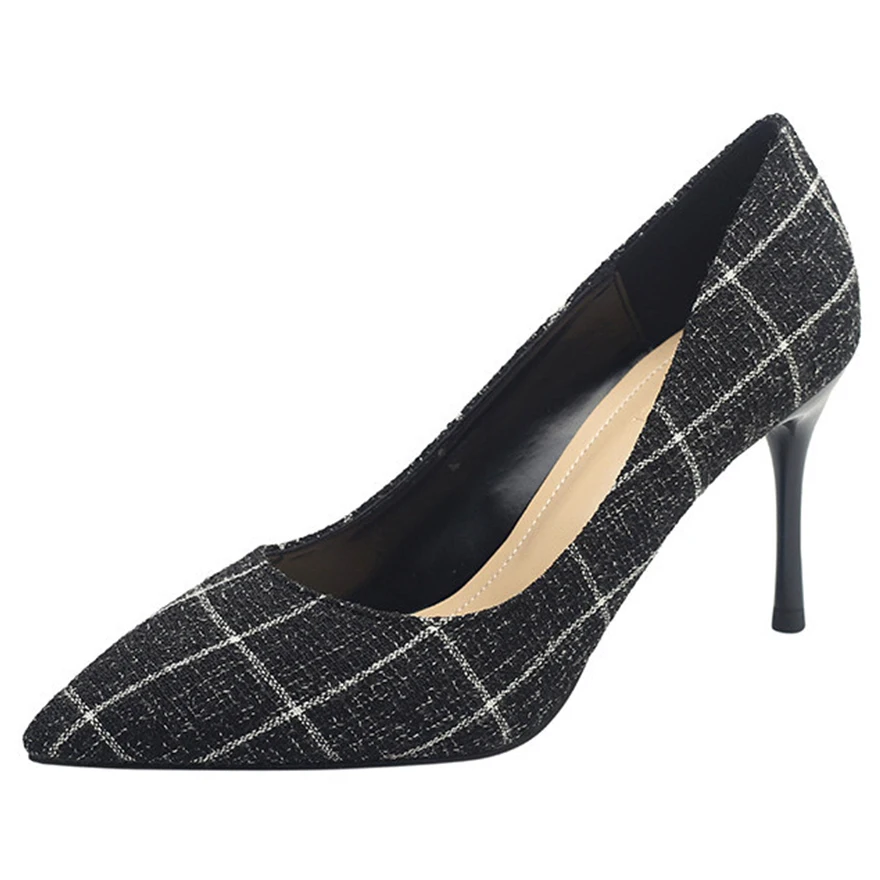 Клетчатая обувь с острым носком Женские туфли для отдыха на высоком каблуке