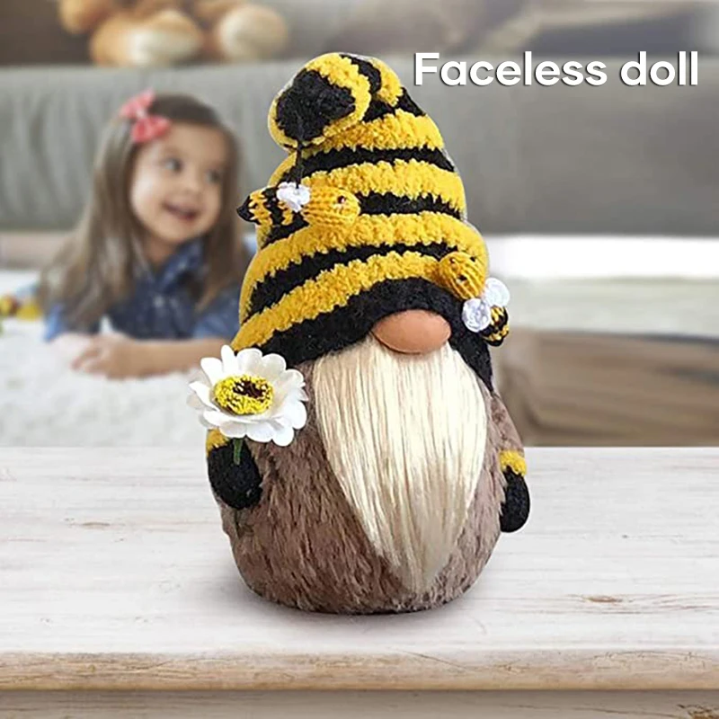 

1/2 PCS Bee Festival Gnome Toy with Flower Bee Day Knitting Dwarf Plush Doll Themed Mini Stuffed Faceles Ornament NSV appearance