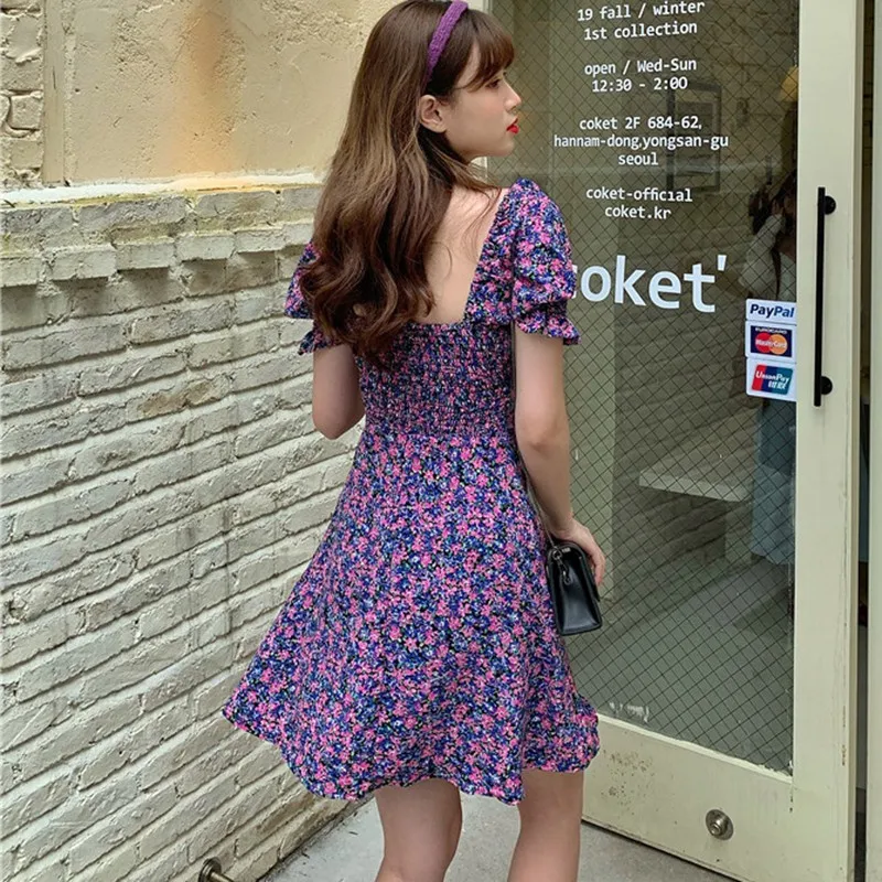

2020 Women Boho Summer Beach Dress Square Collar Vintage Printed Casual Lady Dress Backless Slim Dress