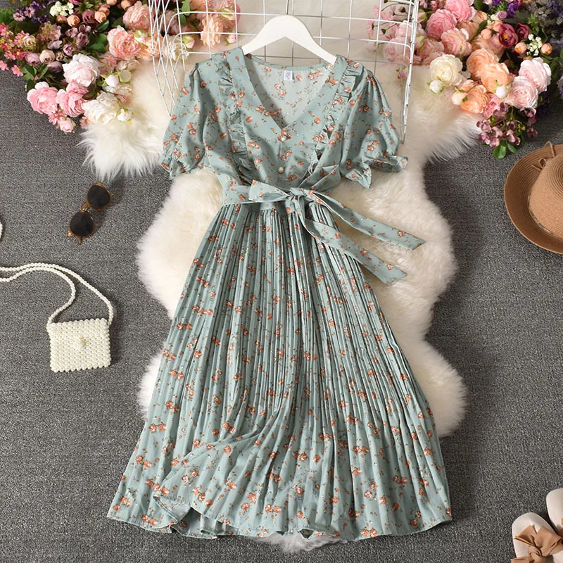 

French Short Sleeve Floral Dress Women Vintage Print Summer Dresses Office Lady Elegant Slim A Line Mid-calf Dress Party Vestido