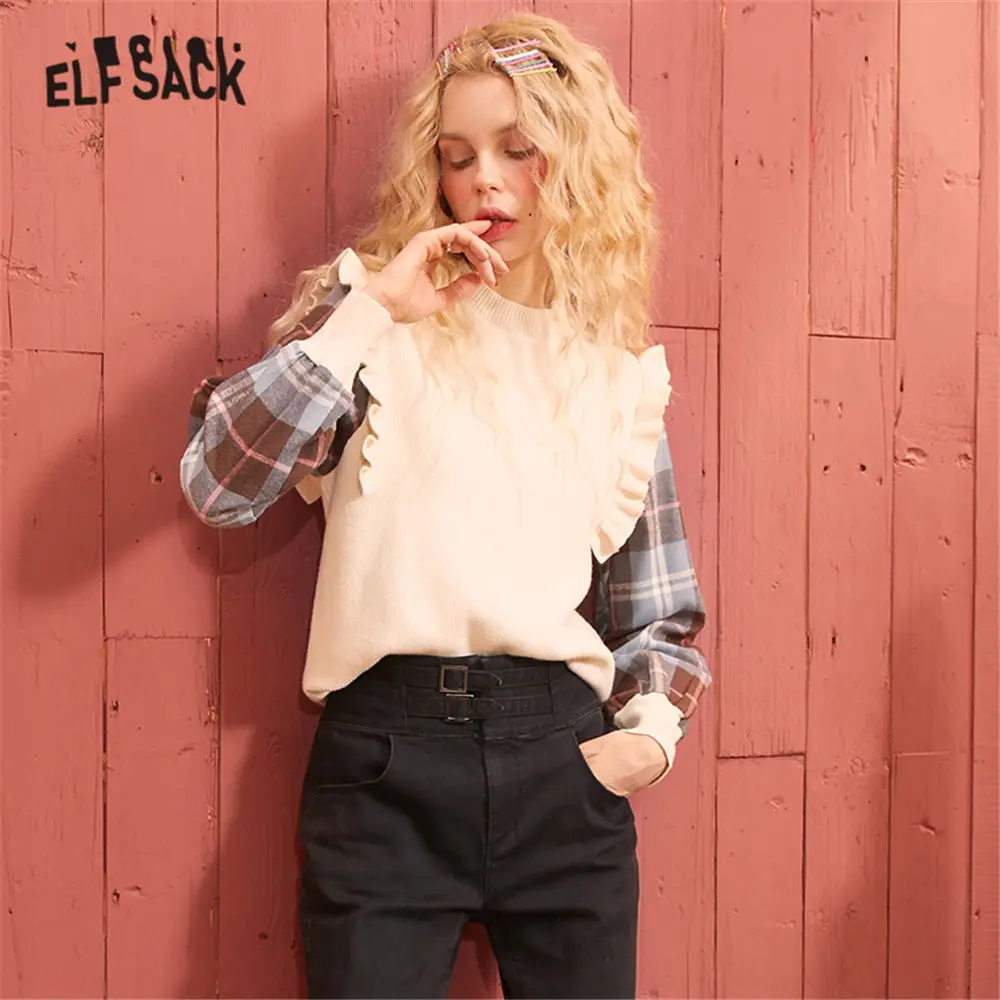 ELFSACK Black Plaid Patchwork Korean Knit Sweater Women 2020 Spring Colorblock Long Butterfly Sleeve Casual Ladies Daily Tops | Женская