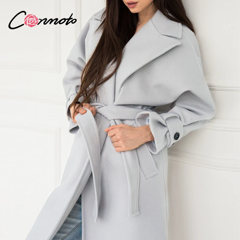 

Conmoto Elegant light grey autumn winter female long coat Office lady off shoulder sleeve overcoat Causal lace up fashion coat