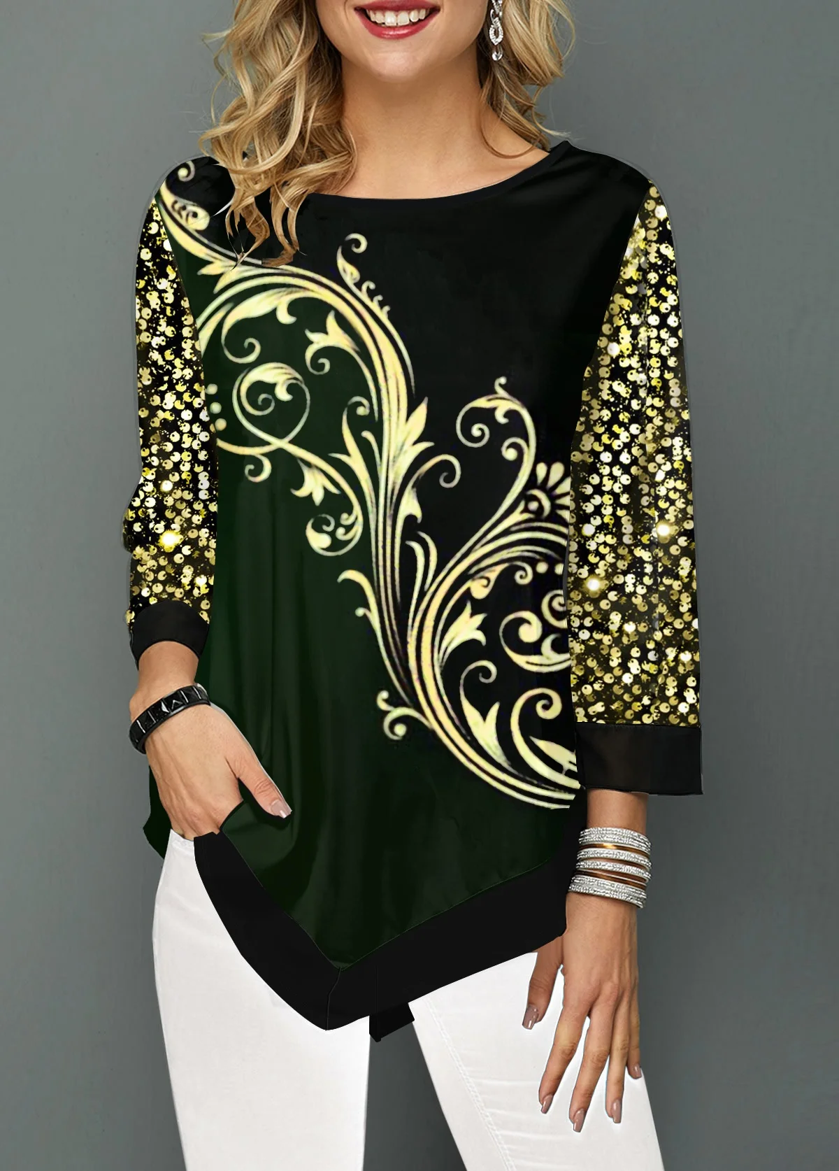 

Las mujeres Casual Collar redondo suelto personalizada camisetas blusa dobladillo Irregular de manga larga Tops camisetas