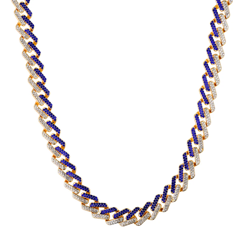 gold blue necklace D&Z, 13 мм, в стиле хип-хоп, со льдом, Bling, циркониевые, в стиле Майями, кубинские звенья, ожерелья-цепочки для мужчин, модные ювелирные изделия, 1 комплект, Прямая поставка - Окраска металла: gold blue necklace