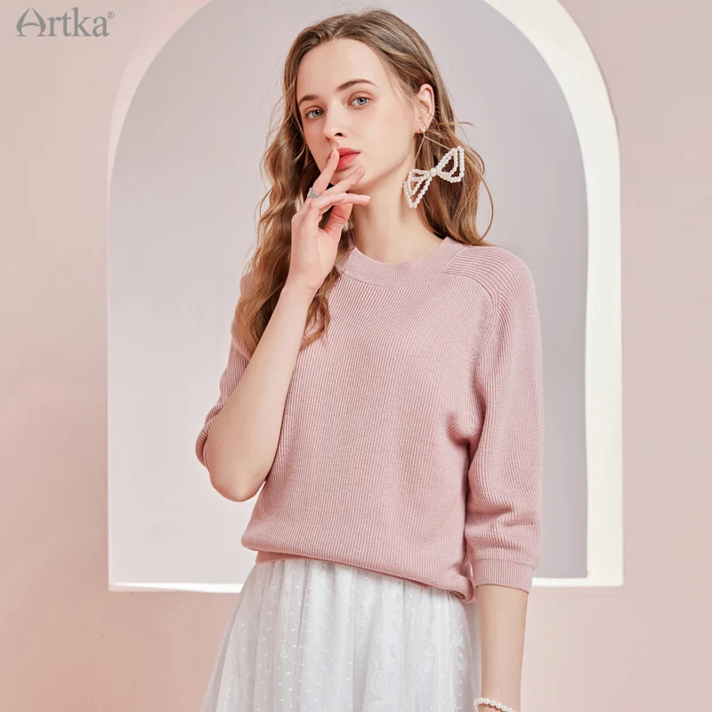 Женский вязаный свитер с круглым вырезом ARTKA мягкий свободный белый 3 цвета весна