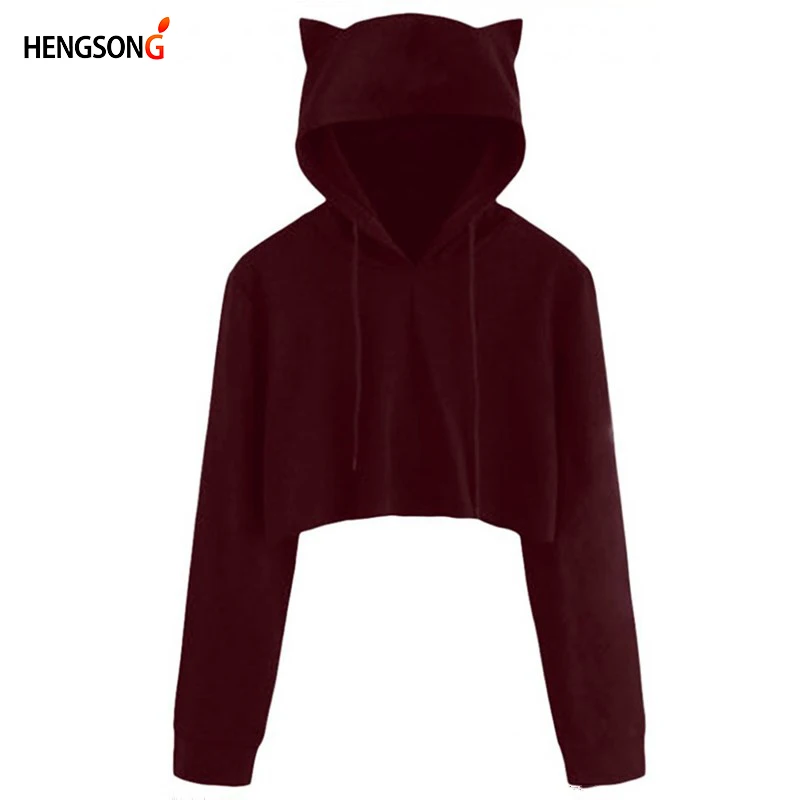 

Long Sleeve Hooded Sweater New Arrival Solid Color Hooded Sweater Women Autumn Spring Cute Cat Ears Slim Short