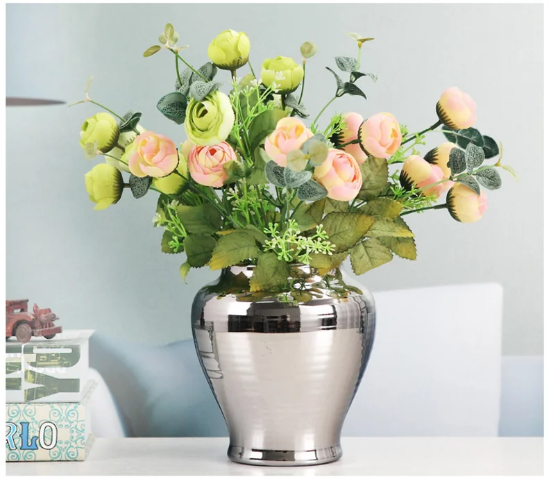 

Home TV cabinet dining table living room decoration furnishings light luxury home soft workmanship art silver vase with flowers