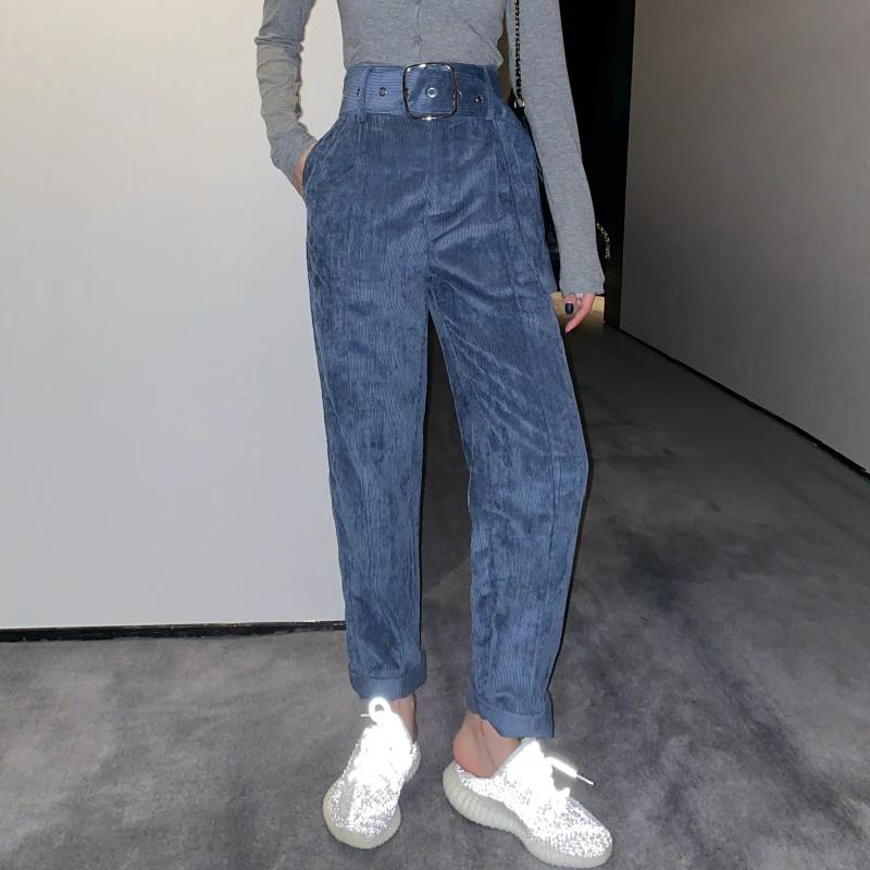 Женские вельветовые брюки REALEFT длинные с высокой талией поясом и на осень зиму 2019