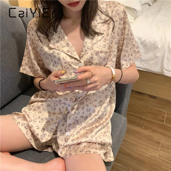 

CAIYIER Sexy Silk Pajamas Set For Women Summer Short Sleeve Soft Sleepwear Suit Female Korean Leopard Grain Print Loungewear 2XL