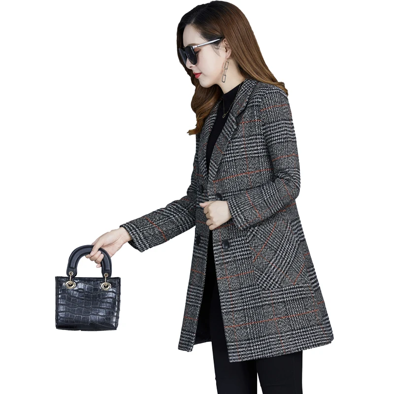 

Elgland Style Women Fashion Double Breasted Slim Plaid Blazer Office Lady Casual Thick Winter Wool Coat Jacket