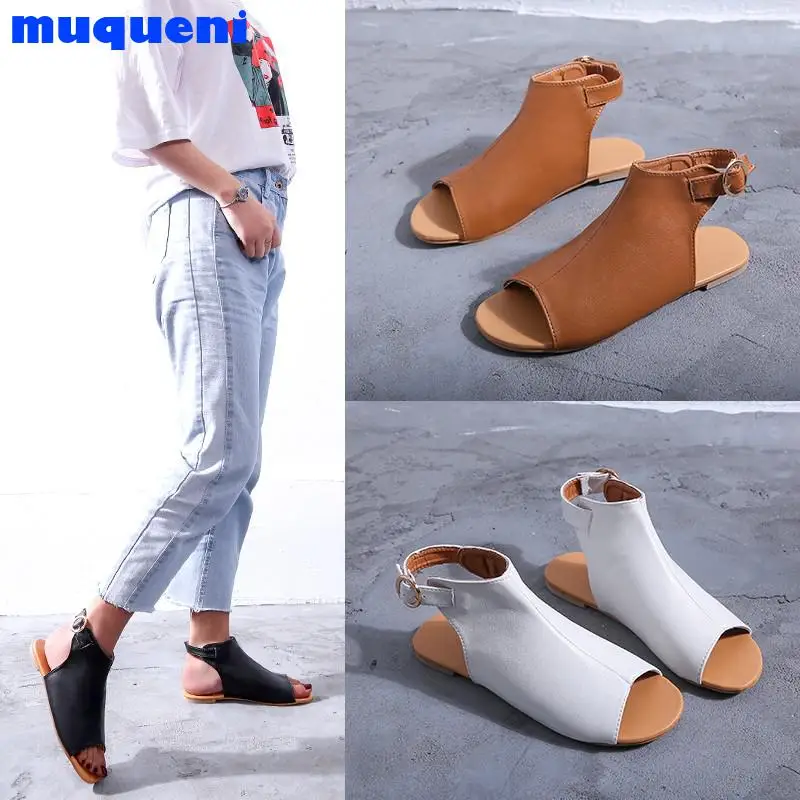 

2021 Summer Women White Sandals Flats New Fashion Snakeskin Pattern Hasp Open Toe Shoes Zapatos De Mujer Large Size 35-43