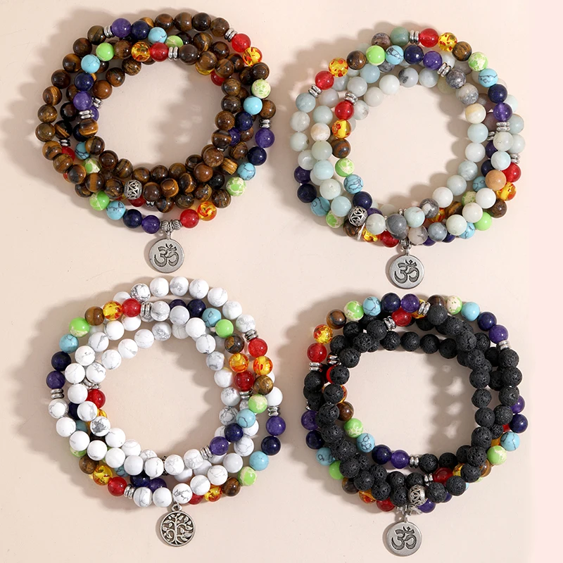 

OAIITE 7 Chakra Healing Bracelet 108 Mala Beads Prayer Bracelets&Bangle Matte Amazonite Lapis Lazuli Stone Meditation Wristband