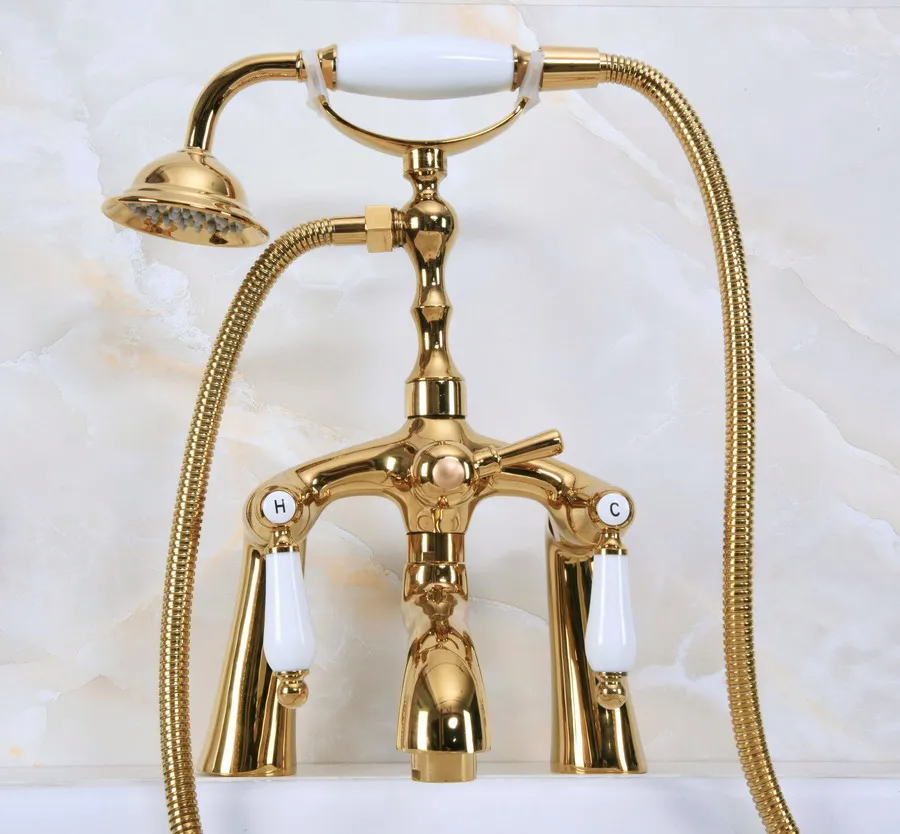 

Gold Color Brass Deck Mount Bathroom Tub Faucet Dual Ceramic Handles Telephone Style Hand Shower Clawfoot Tub Filler ana132